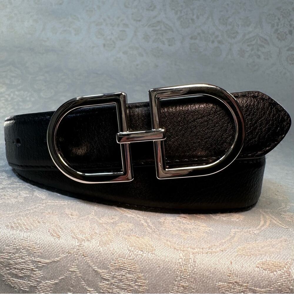 Black Leather Belt with Silver Buckle 37.5 inch - Picture 3 of 6